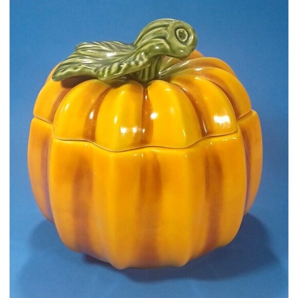 Majolica Pottery  Pumpkin Tureen Candy Dish Cookie Jar Bowl Lid Olfaire Portugal - Picture 6 of 14